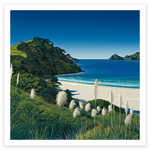 art print of white sandy beach awana bay great barrier island new zealand