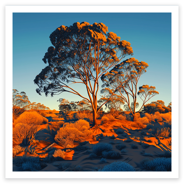 art print of a giant eucalyptus tree in the afternoon sun, australia