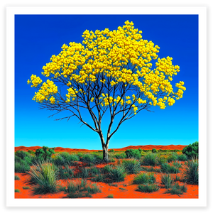 art print of a golden flowering wattle in the outback of Australia