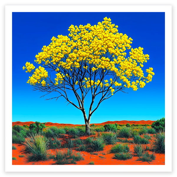 art print of a golden flowering wattle in the outback of Australia