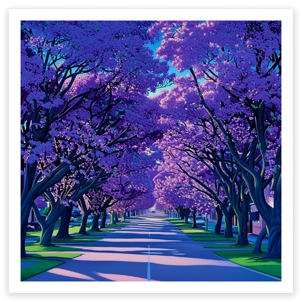 art print of purple blooming Jacaranda trees lining a street in Grafton, northern NSW, Australia