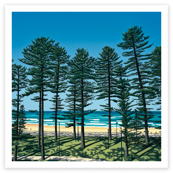 Manly Sydney Australia Steve Ballantyne Art fine art beach print square white sand blue water pine trees