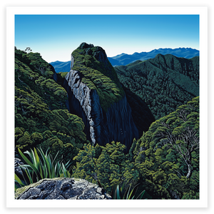 art print of bush clad mountain on Great Barrier Island, Auckland, New Zealand