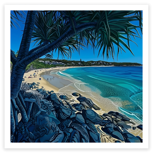 art print of people on Noosa Beach, Queensland, Australia through the trees