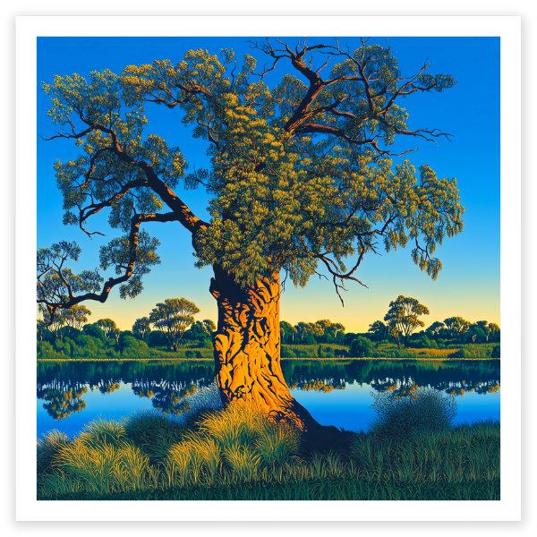 art print of the old red river gum beside a river in Australia