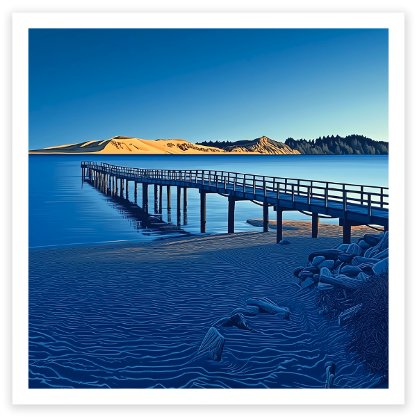 art print of opononi wharf and sand dunes, far north, new zealand