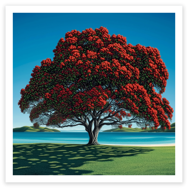 art print of pohutukawa tree new zealand's christmas tree at the beach