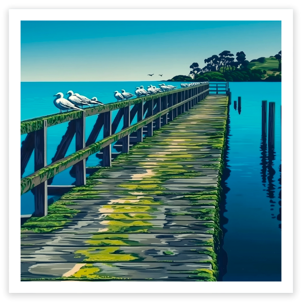 art print of tokaanu wharf, lake taupo, new zealand