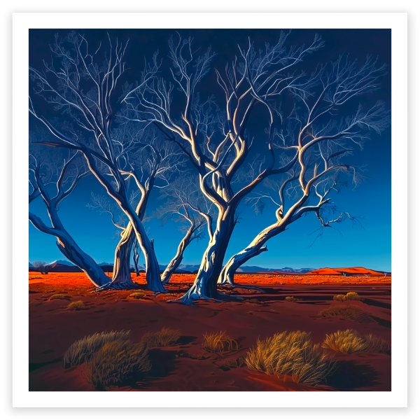 art print of a white ghost gum in the outback of Australia